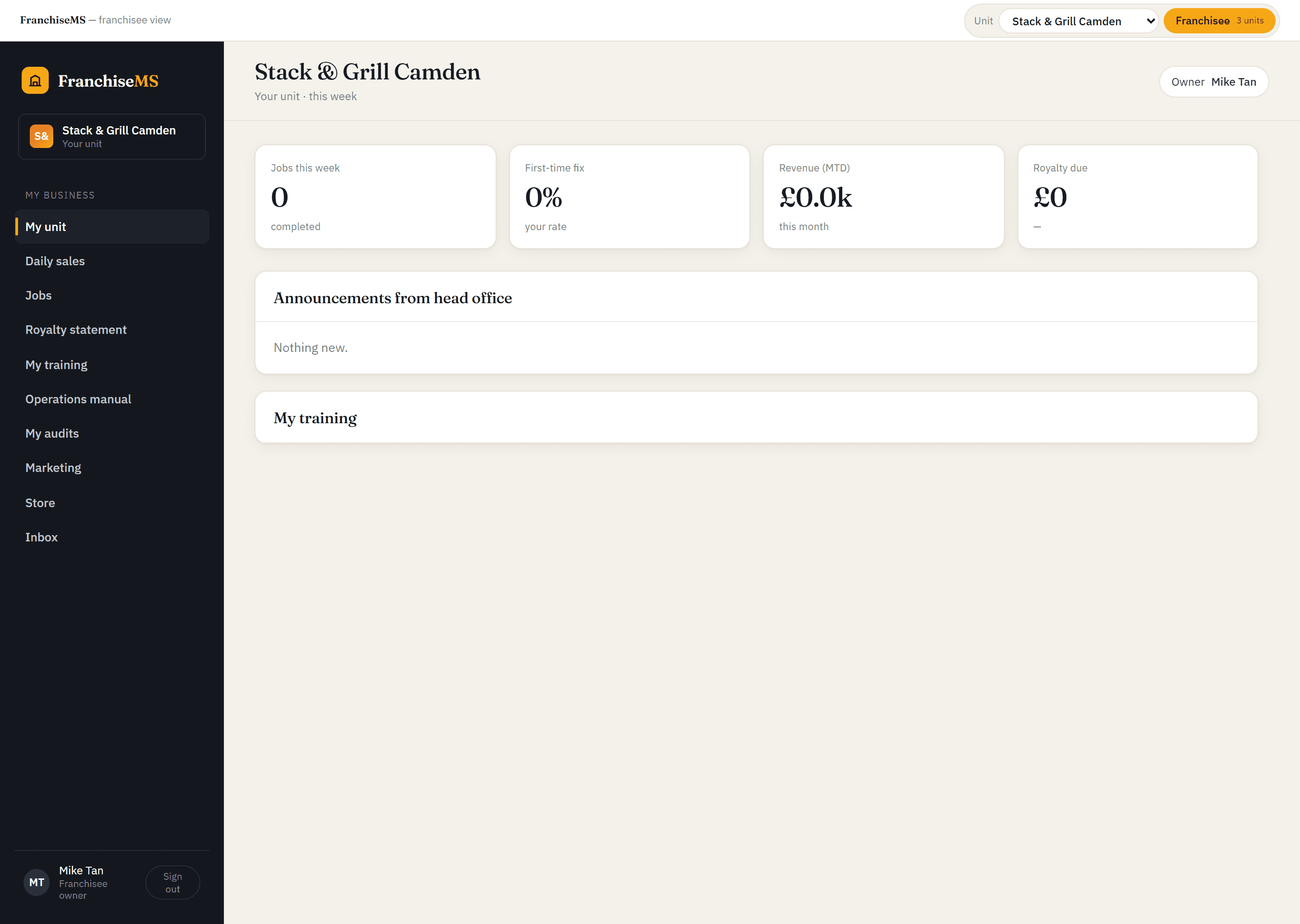 Multi-unit franchise management software: Multi-unit franchisee home with the unit switcher in FranchiseMS