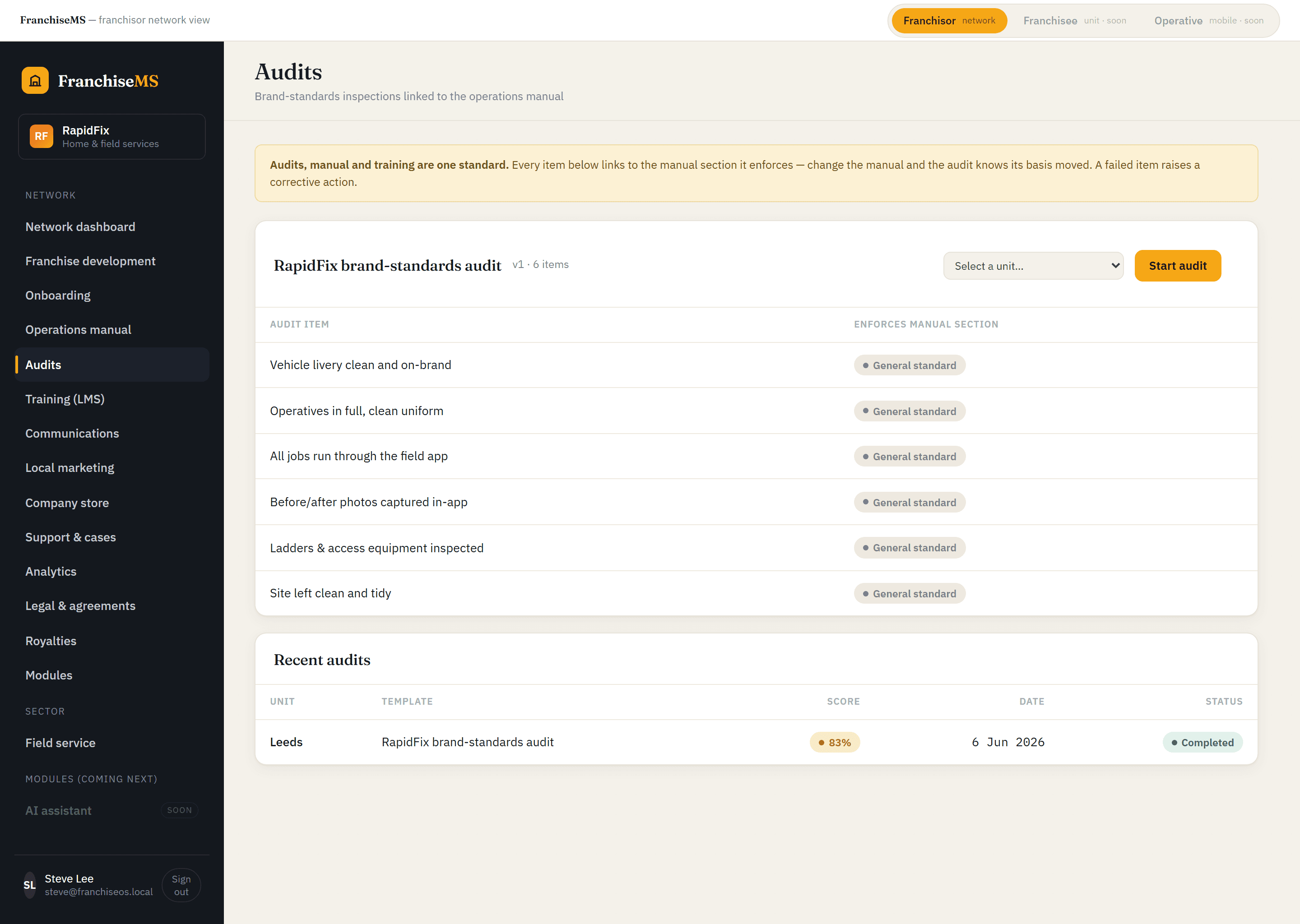 Franchise audit software: Franchise audit and corrective-actions screen in FranchiseMS