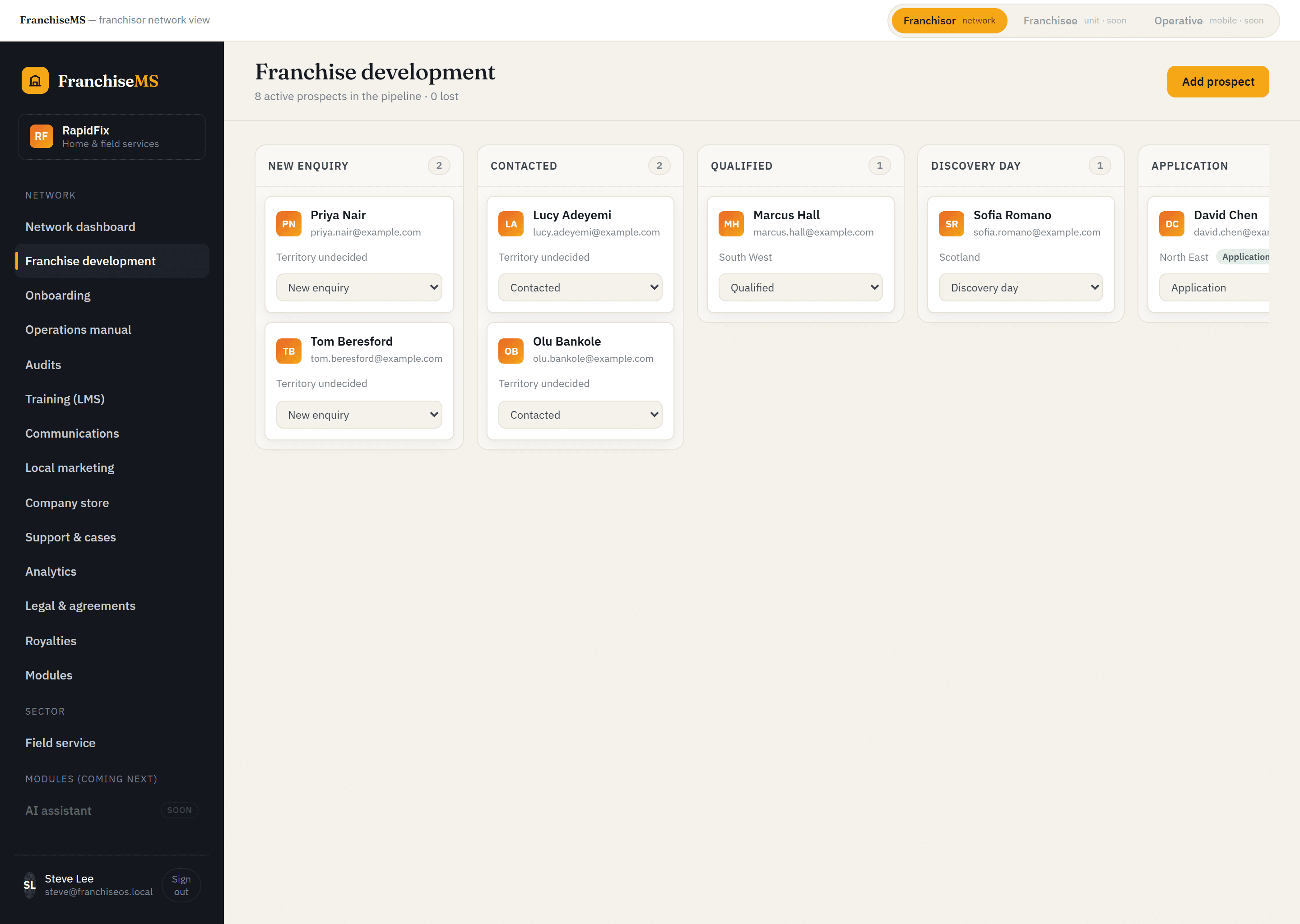 Franchise CRM software: Franchise development CRM and recruitment pipeline in FranchiseMS