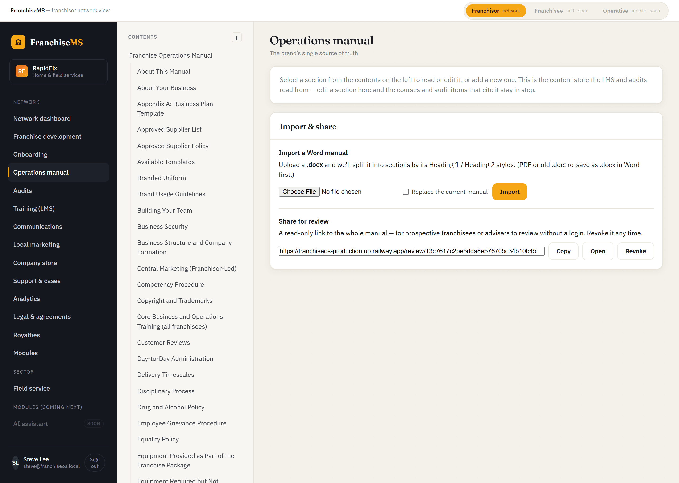 Franchise operations manual software: Versioned franchise operations manual in FranchiseMS